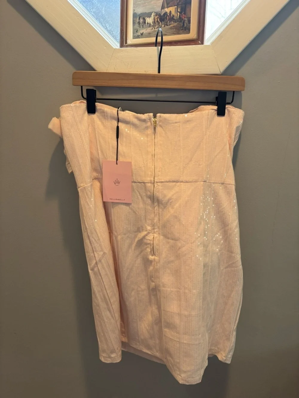 Hello Molly Pale Pink Sequin Strapless Mini Dress with Bow